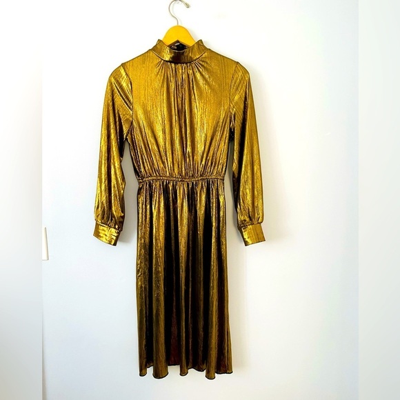SHEIN Dresses & Skirts - Shein Gold Metallic Long Sleeve Dress, Size XS, Gold Lame Party Dress, Mob Wife
